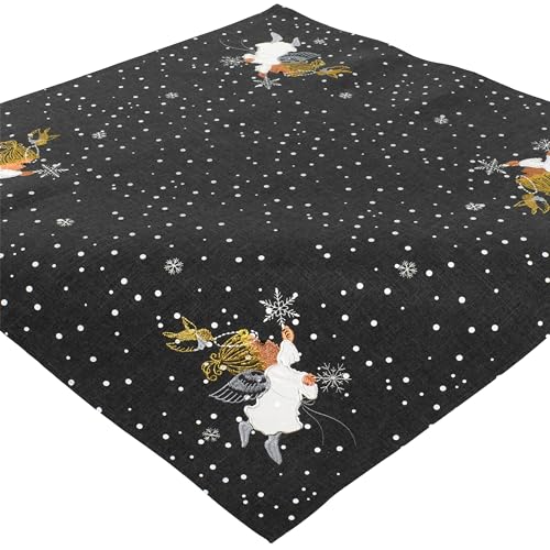Tischdecke Weihnachten Stoff Bestickt Weihnachtstischdecke 85 x 85 Tischwäsche Engel Anthrazit Weiß Waschbar von Espamira