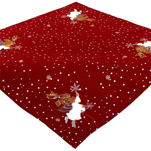 Tischdecke Weihnachten Stoff Bestickt Weihnachtstischdecke 85 x 85 Tischwäsche Engel Rot Weiß Waschbar von Espamira
