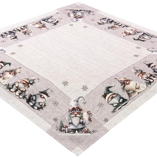 Tischdecke Weihnachten Wichtel Mitteldecke Druckdecke Winter Weihnachtstischdecke Grau Stoff Pflegeleicht Waschbar (110 x 110 cm (Quadratisch)) von Espamira