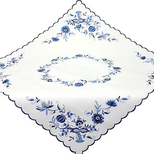 Tischdecke Weiß Küche Stoff Bestickt Mitteldecke Zwiebelmuster Blau 110 x 110 cm Tischwäsche Landhaus Pflegeleicht von Espamira