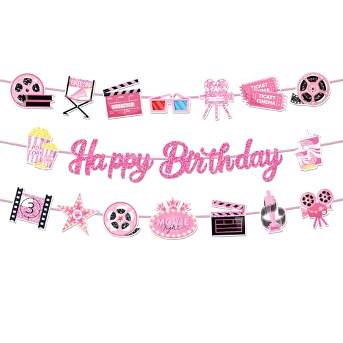 3 Stück rosa Filmnacht Thema Happy Birthday Banner, Filmschilder, Girlande, Theaterdirektor, Themen-Geburtstagsparty-Dekoration für Mädchen, Geburtstagsparty-Zubehör, Filmhintergrund von Esrinse