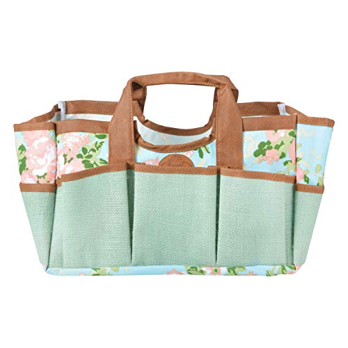 Esschert Design Jute Gartengerätetasche mit Rosendruck, 29 x 24 x 25 cm, mit zahlreichen Taschen, faltbar, mit Tragegurt von Esschert Design