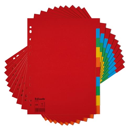 Esselte 10 Packungen A4-Kartei-Trennblätter, 10 Teile, farbige Ordner-Trennblätter für Ringbücher und Aktenordner, aus strapazierfähigem, umweltfreundlichem Recycling-Karton von Esselte