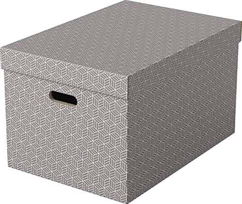 Esselte 3er Set große Aufbewahrungs- & Geschenkboxen mit Deckel, Schachteln für Wohnung/Büro & Organisationszwecke, 100% recycelter Karton, 100% recycelbar, geometrische Designs, Grau, 628287 von Esselte