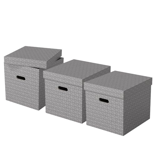 Esselte 3er Set große würfelförmige Aufbewahrungsboxen mit Deckel, Schachteln für Wohnung/Büro & Organisationszwecke, 100% recycelter Karton, 100% recycelbar, geometrische Designs, Grau, 628289 von Esselte