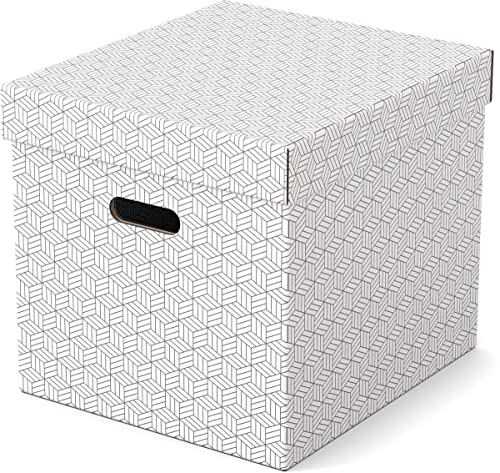 Esselte 3er Set große würfelförmige Aufbewahrungsboxen mit Deckel, Schachteln für Wohnung/Büro & Organisationszwecke, 100% recycelter Karton, 100% recycelbar, geometrische Designs, Weiß, 628288 von Esselte