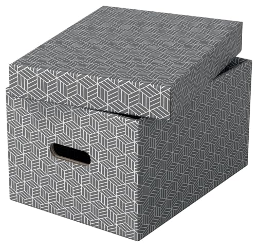 Esselte 3er Set mittelgroße Aufbewahrungs- & Geschenkboxen mit Deckel, Schachteln für Wohnung/Büro & Organisationszwecke, 100% recycelter Karton, 100% recycelbar, geometrische Designs, Grau, 628283 von Esselte