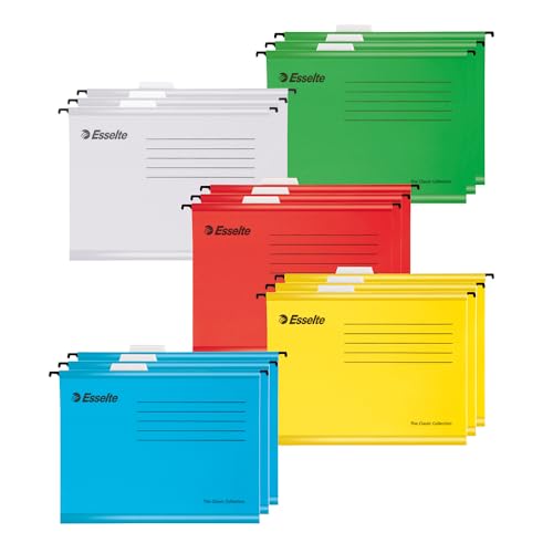 Esselte A4 Hängeregister aus verstärktem Karton, 15er-Set, Mappe aus stabilem, 100% recyceltem Karton, mit Taben, für Akten und Unterlagen in Büro, Schule, Home Office, 5 Farben, 628808 Esselte A4 Hängeregister aus verstärktem Karton, 15er-Set, Mappe aus stabilem, 100% recyceltem Karton, mit Taben, für Akten und Unterlagen in Büro, Schule, Home Office, 5 Farben, 628808 von Esselte