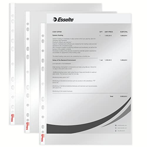 Esselte Prospekthüllen-Set, 100 Stück, A4 Format mit Universal-Lochung, Farblos mit glänzender Oberfläche, 0,043 mm PP-Folie, 13089, 0.04 mm Esselte Prospekthüllen-Set, 100 Stück, A4 Format mit Universal-Lochung, Farblos mit glänzender Oberfläche, 0,043 mm PP-Folie, 13089, 0.04 mm von Esselte