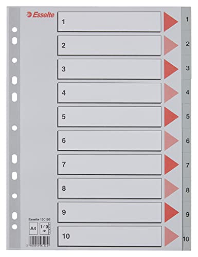 Esselte Register für A4, Deckblatt aus Karton und 10 Trennblätter aus Kunststoff, Taben mit Zahlenaufdruck 1-10, Überbreite, Grau, 100105 Esselte Register für A4, Deckblatt aus Karton und 10 Trennblätter aus Kunststoff, Taben mit Zahlenaufdruck 1-10, Überbreite, Grau, 100105 von Esselte