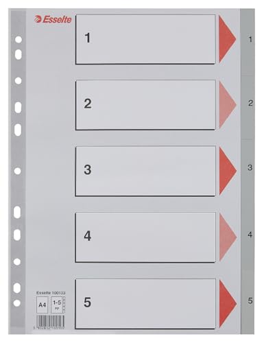 Esselte Register für A4, Deckblatt aus Karton und 5 Trennblätter aus Kunststoff, Taben mit Zahlenaufdruck 1-5 Tabs, Überbreite, Grau, 100103 Esselte Register für A4, Deckblatt aus Karton und 5 Trennblätter aus Kunststoff, Taben mit Zahlenaufdruck 1-5 Tabs, Überbreite, Grau, 100103 von Esselte