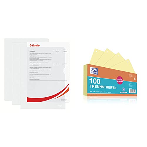 Esselte Sichthüllen-Set Standard Plus, 100 Stück, A4 Format, Farblos mit matter Oberfläche, 0,115 mm PP-Folie, 54832, 3 x 1g & Oxford Trennstreifen, aus Karton, gelocht, 190 g/m², gelb, 100 Stück Esselte Sichthüllen-Set Standard Plus, 100 Stück, A4 Format, Farblos mit matter Oberfläche, 0,115 mm PP-Folie, 54832, 3 x 1g & Oxford Trennstreifen, aus Karton, gelocht, 190 g/m², gelb, 100 Stück von Esselte
