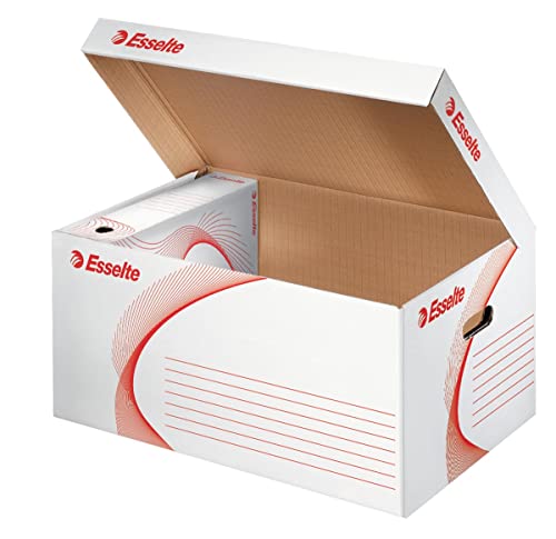 Esselte Standard Archiv- und Transport-Container, Mit Klappdeckel, Ablagebox für Esselte Archiv-Schachteln 6 x 80 mm/5 x 100 mm, Aufbewahrungsbox mit geometrischem Design, Weiß/Rot, 128900 von Esselte