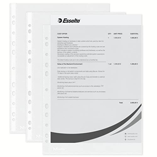 Esselte Standard Prospekthüllen-Set, 100 Stück, A4 Format, Farblos mit matter Oberfläche, Obere Öffnung, 0,043 mm PP-Folie, 56171 Esselte Standard Prospekthüllen-Set, 100 Stück, A4 Format, Farblos mit matter Oberfläche, Obere Öffnung, 0,043 mm PP-Folie, 56171 von Esselte