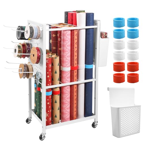 Essenhome Verstellbarer Geschenkpapier-Organizer mit 12 Klappbändern, rollendes Geschenkpapier, Aufbewahrung, Blaupausen-Aufbewahrung, Bastel-Organizer und Aufbewahrung von Essenhome