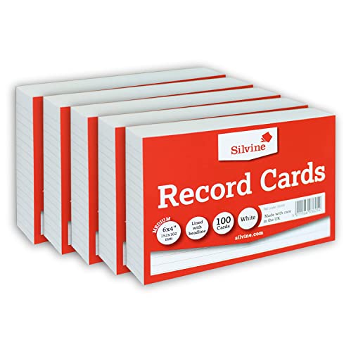 Silvine Karteikarten, Großpackung mit 500 Stück, 5 x 100 Stück, 15,2 x 10,2 cm, weiß liniert, mit Headline-Karteikarten, Größe M, 152 x 102 mm, A6 von Essential Arts