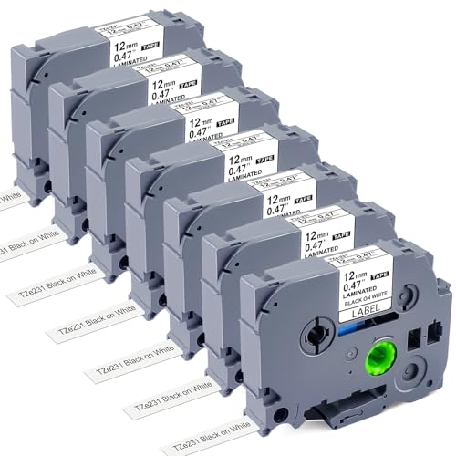 Ersatzband für Brother TZe-231 TZe Tz 12 mm, laminierte weiße Ersatzminen, kompatibel mit Brother P-Touch PT-D220, D210, H110, D600, D400, 1280, 1290, Ptouch Tape, Schwarz auf Weiß, 7 Stück von Esser