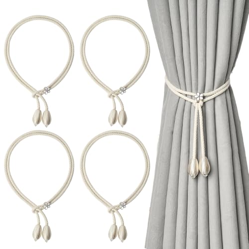 Esshogo 4 Stück Vorhang Raffhalter, Curtain Rope Buckle, Vorhang Halter, Curtain Rope Buckle, Handgewebt Vorhänge Seil, Beige Gardinen Raffhalter von Esshogo
