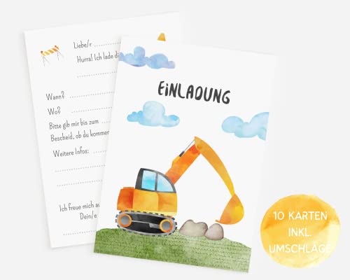 Essi's Stoff Boutique 10 Bagger Einladungskarten - Baustellen Kindergeburtstag - inkl. Umschläge (Bagger) von Essi's Stoff Boutique