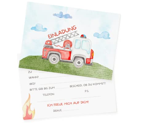 Essi's Stoff Boutique 10 Feuerwehr Einladungskarten - Feuerwehr Kindergeburtstag - inkl. Umschläge (Feuerwehr) von Essi's Stoff Boutique