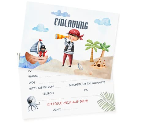 Essi's Stoff Boutique 10 Piraten Einladungskarten - Schatzsuche Kindergeburtstag - inkl. Umschläge (Pirat) von Essi's Stoff Boutique
