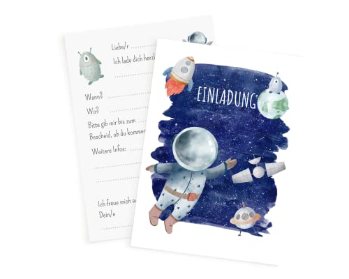 Essi's Stoff Boutique 10er-Set Astronauten Einladungskarten - Weltall Kindergeburtstag - inkl. Umschläge von Hafeehoo