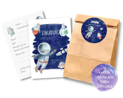 Essi's Stoff Boutique 10er-Set Astronaut Einladungskarten und Mitgebseltüten - Astronaut Kindergeburtstag Set mit Goodie Bag (Astronaut) von Essi's Stoff Boutique