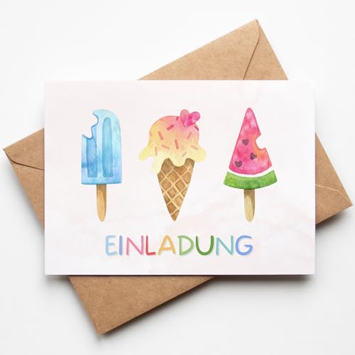 Essi's Stoff Boutique 10er-Set Eis Einladungskarten - Eis Kindergeburtstag - inkl. Umschläge von Essi's Stoff Boutique