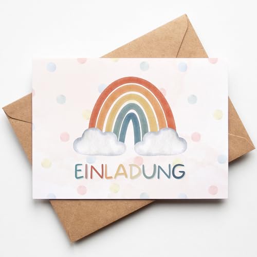 Essi's Stoff Boutique 10 Regenbogen Einladungskarten für Kindergeburtstag, Pastell Rainbow Einladungen für Mädchen, Boho Geburtstagseinladung zum Ausfüllen mit Umschlägen von Essi's Stoff Boutique