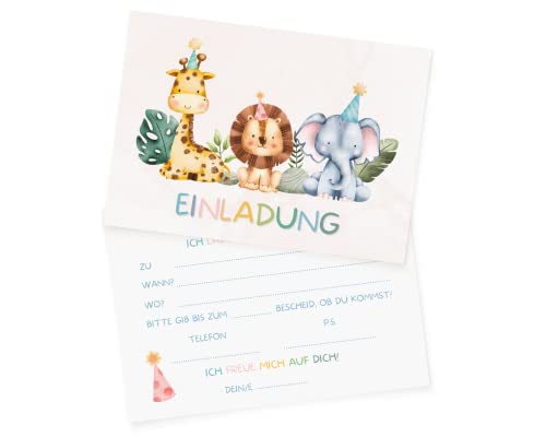 Essi's Stoff Boutique 10er-Set Zootiere Einladungskarten - Safari Kindergeburtstag - inkl. Umschläge von Hafeehoo
