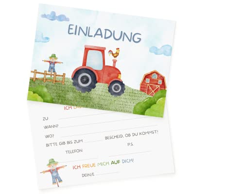 Essi's Stoff Boutique 10 Traktor Einladungskarten Bauernhof Einladung Kindergeburtstag - inkl. Umschläge von HOEAEA