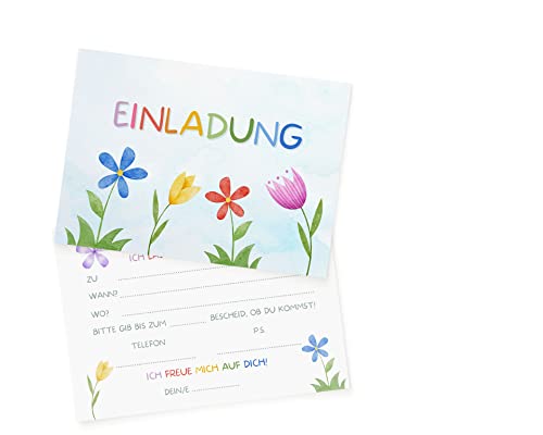 Essi's Stoff Boutique 10 Blumen Einladungskarten - Florale Mädchen Einladung für Feen Party, gartenfest oder Frühlings Kindergeburtstag - inkl. Umschläge von Essi's Stoff Boutique