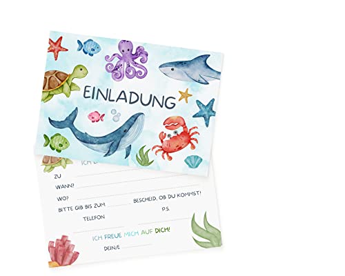Essi's Stoff Boutique 10 Unter-Wasser Einladungskarten - Meerestier, Meerjungfrau oder Hai Einladung für Unter-Wasser Kindergeburtstag - inkl. Umschläge von Essi's Stoff Boutique