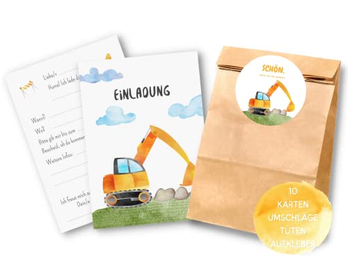 Essi's Stoff Boutique 10er-Set Bagger Einladungskarten und Mitgebseltüten - Baustellen Kindergeburtstag Set mit Goodie Bag von Essi's Stoff Boutique