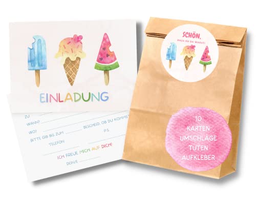 Essi's Stoff Boutique 10er-Set Eis Einladungskarten und Mitgebseltüten - Eis Kindergeburtstag Set mit Goodie Bag (Eis) von Essi's Stoff Boutique