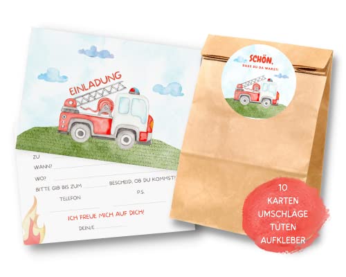 Essi's Stoff Boutique 10er-Set Feuerwehr Einladungskarten und Mitgebseltüten - Feuerwehr Kindergeburtstag Set mit Goodie Bag von Essi's Stoff Boutique