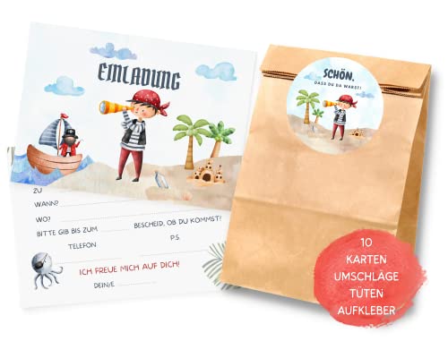 Essi's Stoff Boutique 10er-Set Pirat Einladungskarten - Pirat Kindergeburtstag Set mit Goodie Bag von Essi's Stoff Boutique