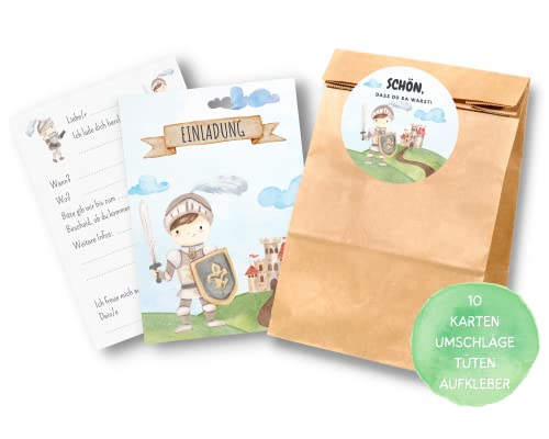 Essi's Stoff Boutique 10er-Set Ritter Einladungskarten und Mitgebseltüten - Ritter Kindergeburtstag Set mit Goodie Bag Essi's Stoff Boutique 10er-Set Ritter Einladungskarten und Mitgebseltüten - Ritter Kindergeburtstag Set mit Goodie Bag von Essi's Stoff Boutique