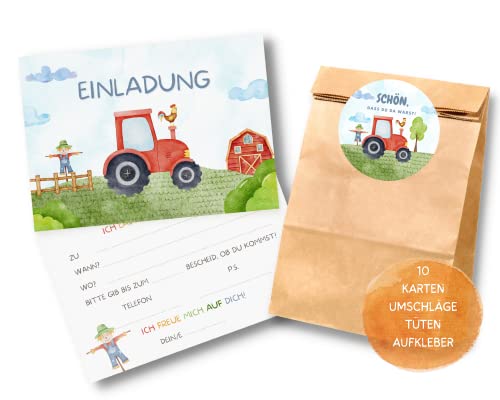 Essi's Stoff Boutique 10er-Set Traktor Einladungskarten und Mitgebseltüten - Bauernhof Kindergeburtstag Set mit Goodie Bag - Gastgeschenktüten mit Aufklebern für Jungs und Mädchen von Essi's Stoff Boutique