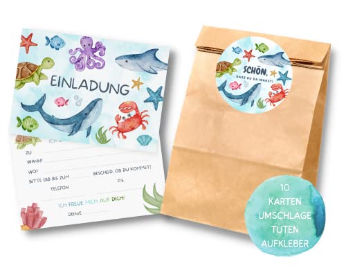 Essi's Stoff Boutique 10er-Set Unter-Wasser Einladungskarten und Mitgebseltüten - Meerestier Kindergeburtstag Set mit Goodie Bag von Essi's Stoff Boutique