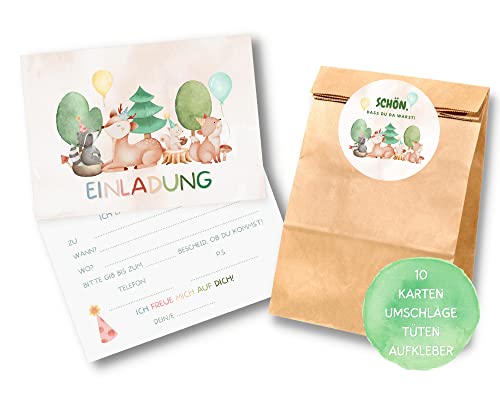 Essi's Stoff Boutique 10er-Set Waltdier Einladungskarten und Mitgebseltüten - Wald Kindergeburtstag Set mit Goodie Bag von Essi's Stoff Boutique