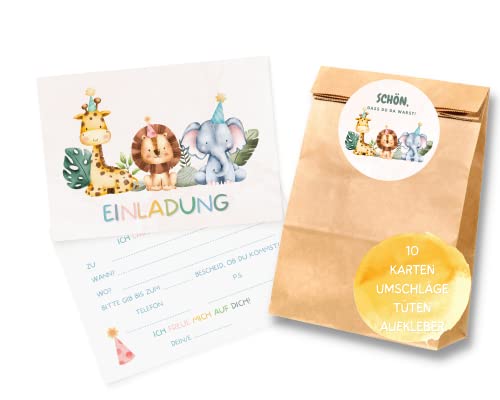 Essi's Stoff Boutique 10er-Set Zootier Einladungskarten und Mitgebseltüten - Safari Kindergeburtstag Set mit Goodie Bag von Essi's Stoff Boutique