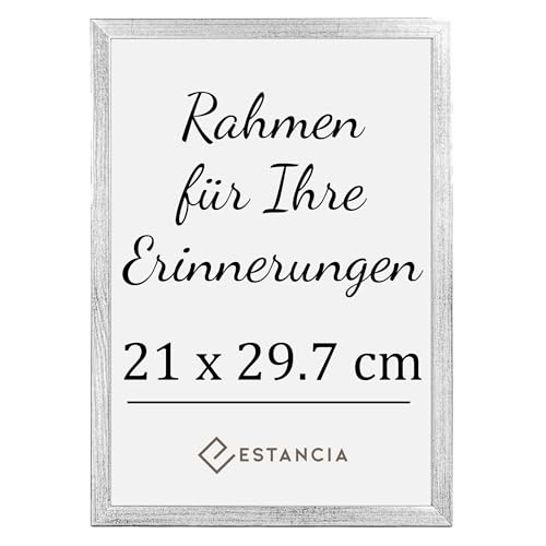 Estancia Silber Holz Bilderrahmen 21x29.7 cm (A4) mit Bruchsicherem Acrylglas | Rahmen A4 Silber | Moderner Portraitrahmen Holz | Bilderrahmen Silber Din A4 von Estancia