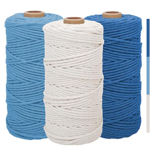 3stk Makramee Garn 3mm x100m, Baumwolle Makramee Baumwollgarn, Baumwollseil, Pflanzenaufhänger, Basteln, Stricken (Beige Dunkelblau Hellblau) von Estefanlo