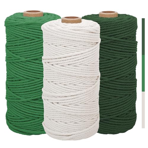 3stk Makramee Garn 3mm x100m, Makramee-Garn, Bunte Baumwoll-Bastelschnur zum Aufhängen, Pflanzenaufhänger, Basteln, Stricken (Beige Hellgrün Matcha-Grün) von Estefanlo