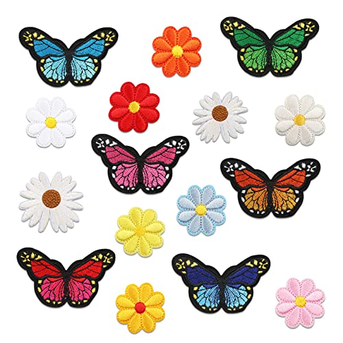 16 Stück Patches zum Aufbügeln Blumen und Schmetterling Bestickte Patches, flicken zum aufbügeln, Applikation zum Aufbügeln für Erwachsene und Kinder Aufbügel Patches zum Jeans von Esteopt