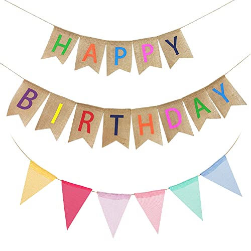 Happy Birthday Girlande,Wimpelkette,Geburtstag Leinenbanner, Geburtstagsdeko,Kindergeburtstag,Wimpelkette Wimpel Banner,Geburtstagsparty Dekoration für Babyparty und Erwachsene(Bunt) von Esteopt