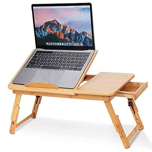 Laptoptisch Bambus, Höhenverstellbar Laptop Betttisch, Kippbar Betttablett mit Schublade, Betttisch für Lesen oder Frühstücks und Zeichentisch von Estink