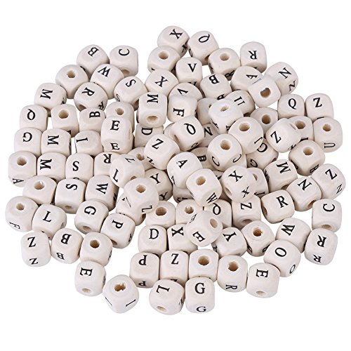 Trimming Shop Buchstaben-Perlen aus Holz, mit schwarzem Alphabet-Buchstaben, Würfel für Armbänder, Schlüsselanhänger, DIY Handwerk, pädagogisches Spielen, 100 Stück von Estink