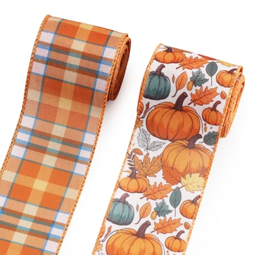 Estivaux 2 Rollen Herbst-Kürbis-Bastelbänder für Kranzschleifen, 6,3 cm × 9,1 m, Thanksgiving-Bänder mit Drahtrand, orangefarbenes Juteband, Herbstblätter, Drahtbänder zum Basteln, Nähen, Bastelbedarf Estivaux 2 Rollen Herbst-Kürbis-Bastelbänder für Kranzschleifen, 6,3 cm × 9,1 m, Thanksgiving-Bänder mit Drahtrand, orangefarbenes Juteband, Herbstblätter, Drahtbänder zum Basteln, Nähen, Bastelbedarf von Estivaux